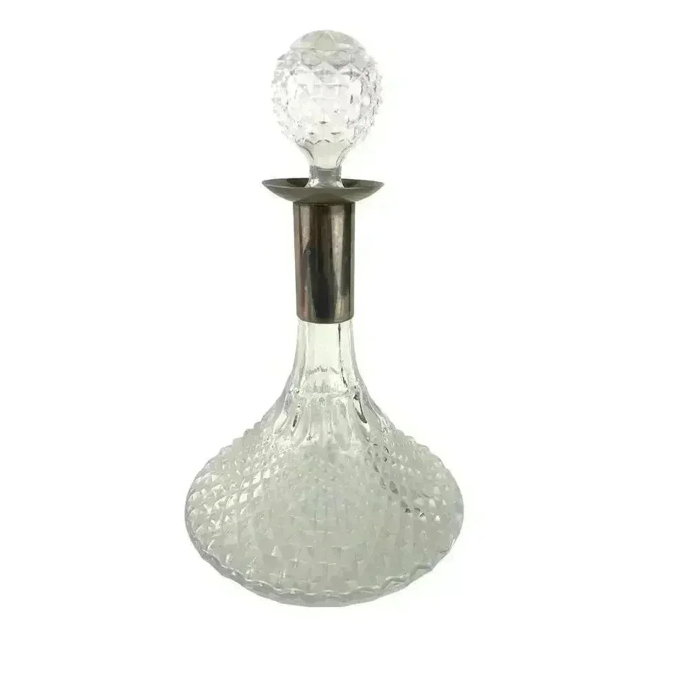 VTG Diamond Cut Glass Whiskey Decanter Silver Plate Collar & Stopper‎ Barware